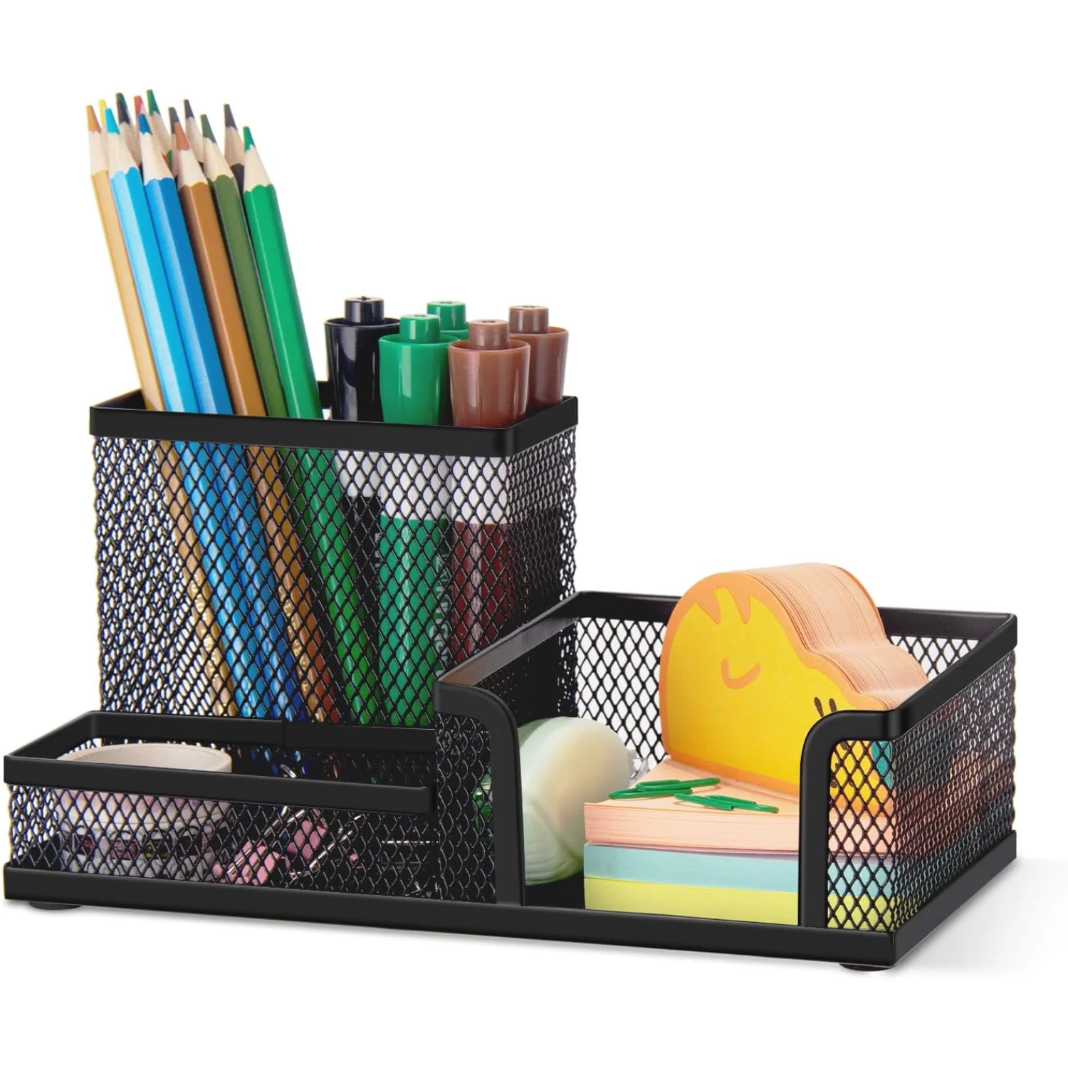 Mesh Pen Pencil Holder with Post It Note Holders Desk Organizer,  Compartment Wire Desktop Pen Pencil Cup Caddy Office Supplies