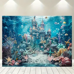 Polyester Underwater World Photography Background Sea Dream Castle Turtle Shell Sea Star Mermaid Theme Shower