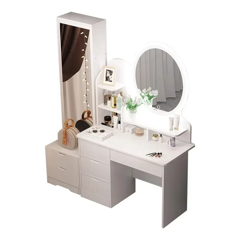 

l # Modern dressers Luxury design vanity makeup table leather and stainless steel dressing table with mirror and stool