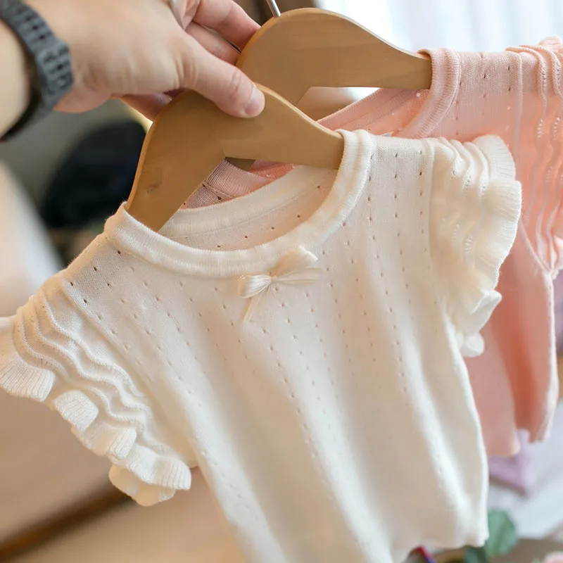 

Детская одежда для детей от 1 до 4 лет, футболка с рюшами и рукавами для девочек, вязаные футболки с вырезами, милая вязаная футболка для маленьких девочек, наряд для девочек