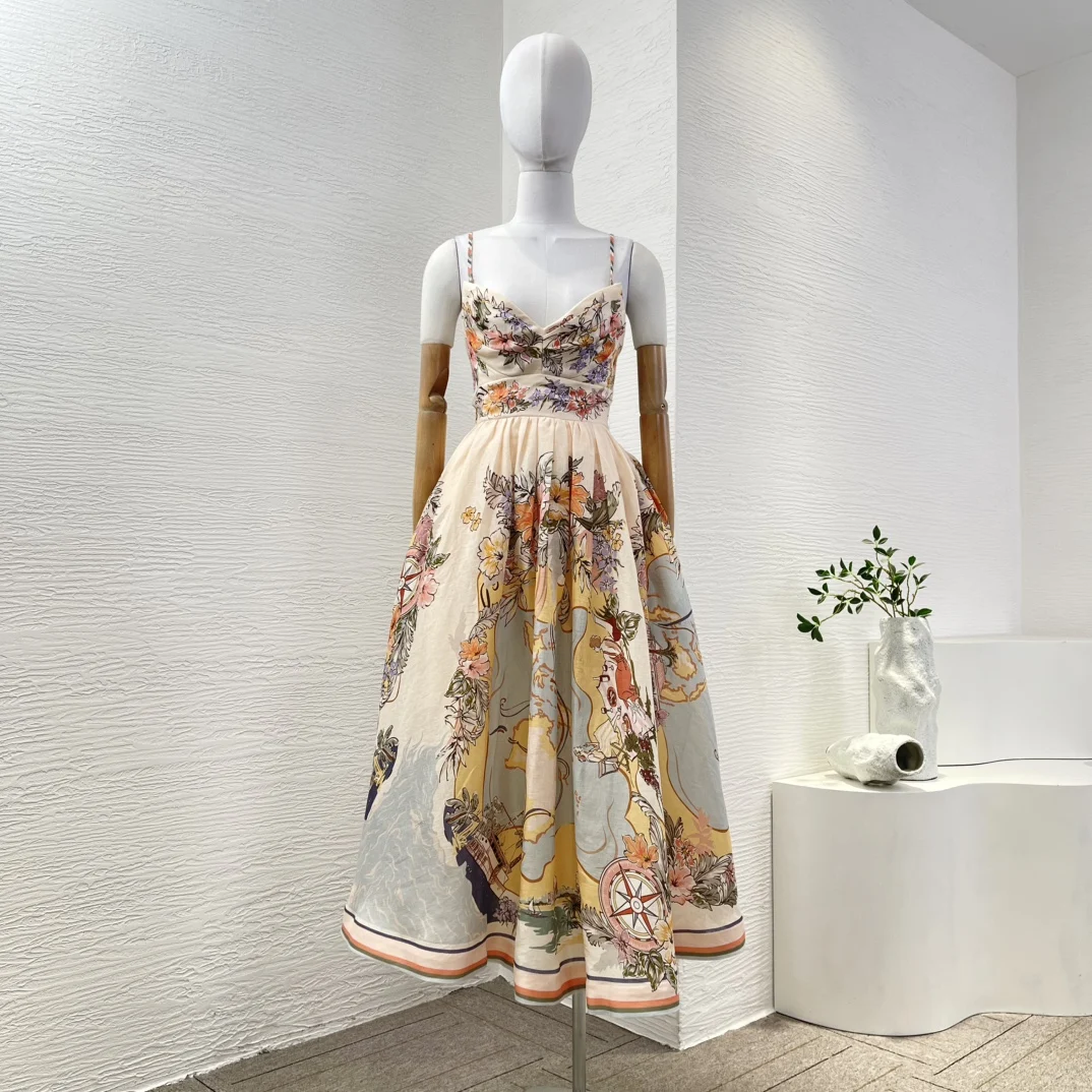 

Pure Linen High Quality New Arrivals Floral Print Pleats A-line Strapless Vintage Spaghetti Women Midi Dresses