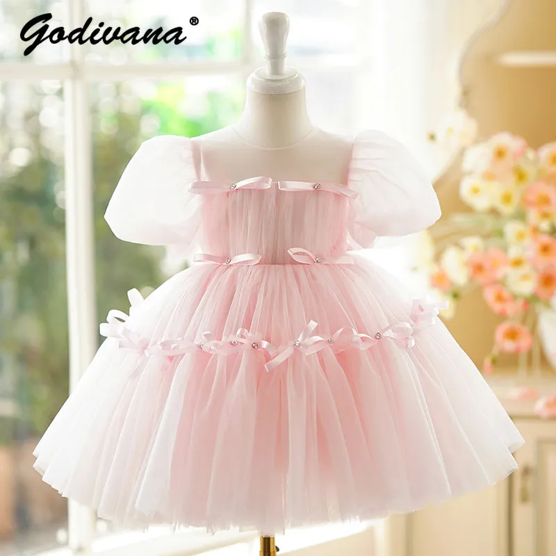 Sweet Girls High End Host Performance Princess Dress Kids 2026 Summer New Elegant Puff Sleeve Bow Tulle Birthday Party Tutu Gown