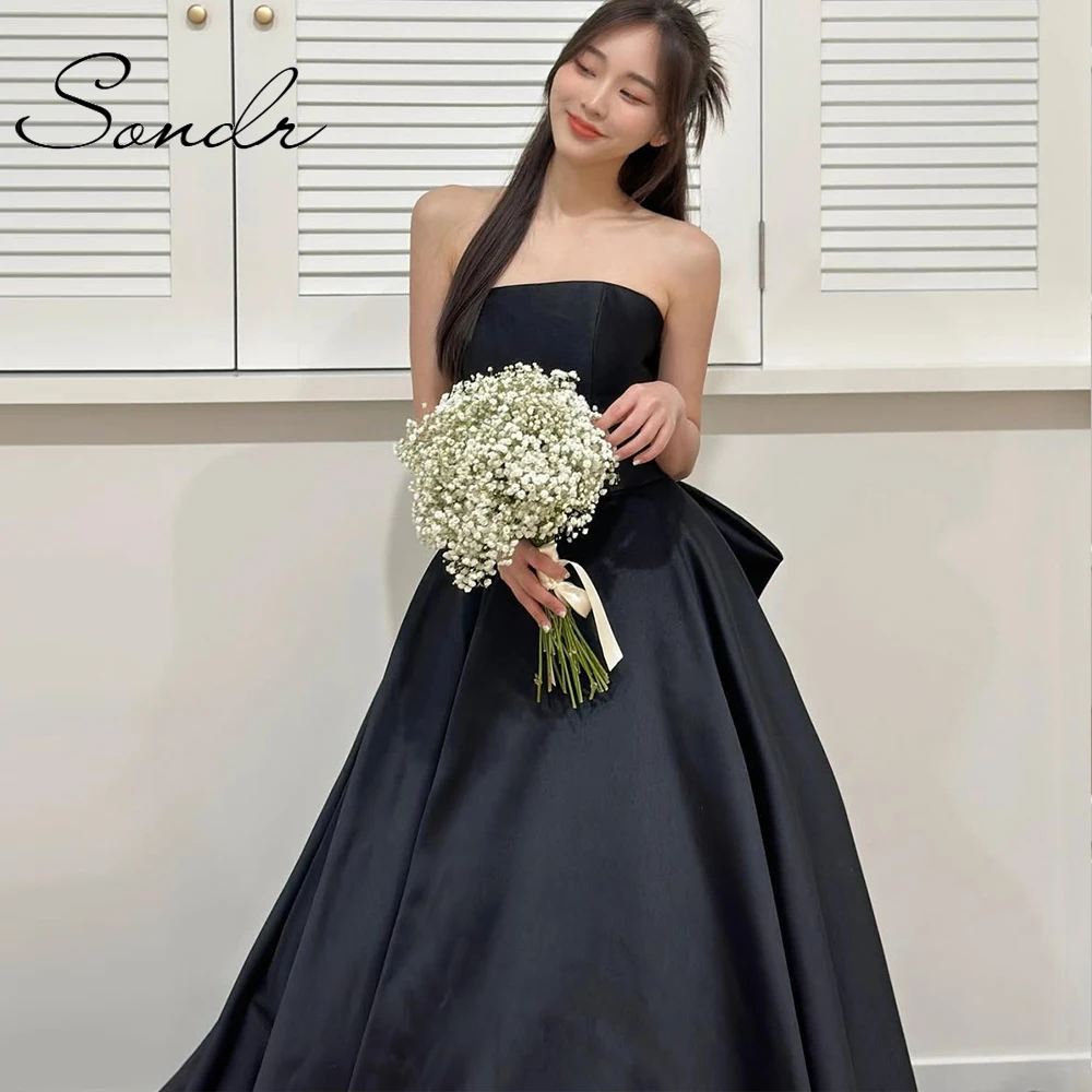 Sondr 黒のウェディングドレス韓国サテン A ラインウェディングスナップドレスレセプションドレスイブニングドレスコルセットバックフォーマルガウン