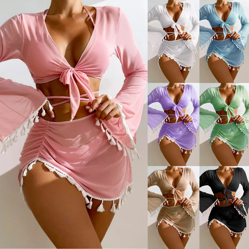 LeleDolphin Sexy 4 Pieces Halter Bikinis Women Solid Swimwear Cover Up Swimsuit Long Sleeve Skirt Bathing Suit Beachwear Summer