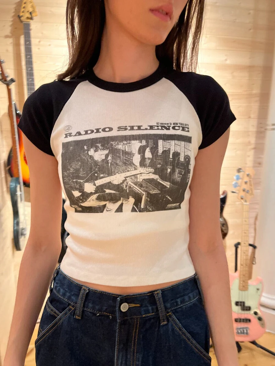 

Rock Guitarist Graphic T-shirts Women Summer New Print Cotton Ribbed Patchwork Short Fashion Tee Vintage Streetwear Slim Y2k