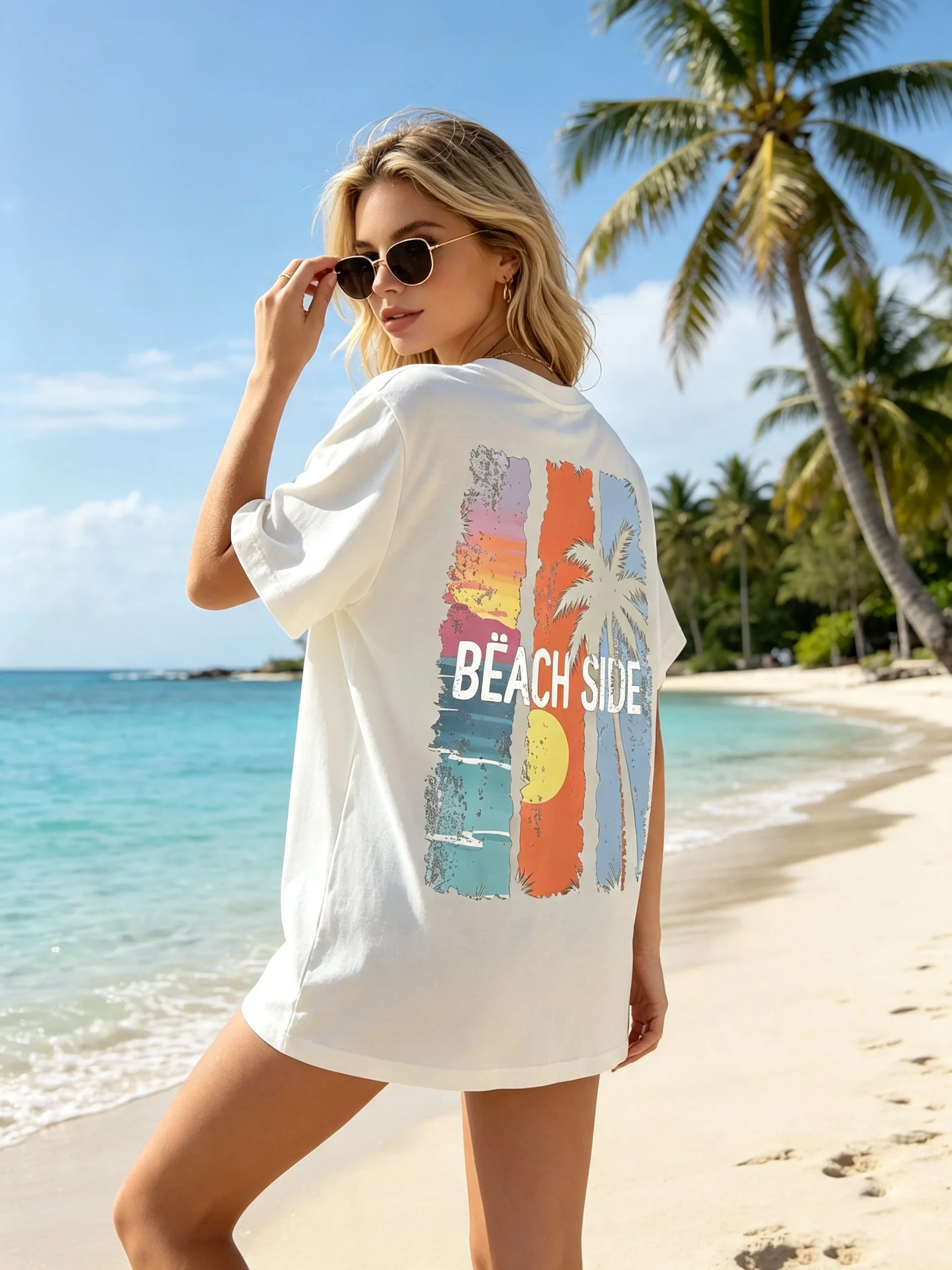 Ladies Vintage Tropical Seaside round Neck T-Shirt Short Sleeve Cotton Blend Casual Beach Wear with Coconut Sunset Print