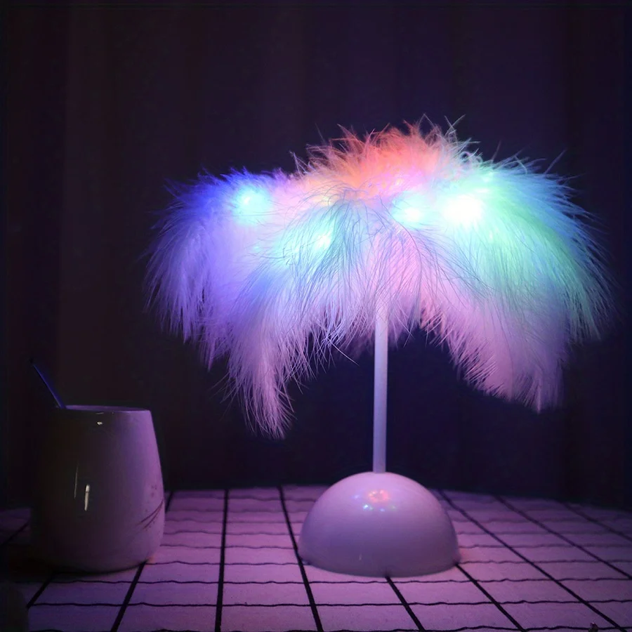 Creative Feather Table Lamp Warm White Light Tree Feather Lampshade Girl LED Wedding Decorative Lights Birthday Gift Home Decor