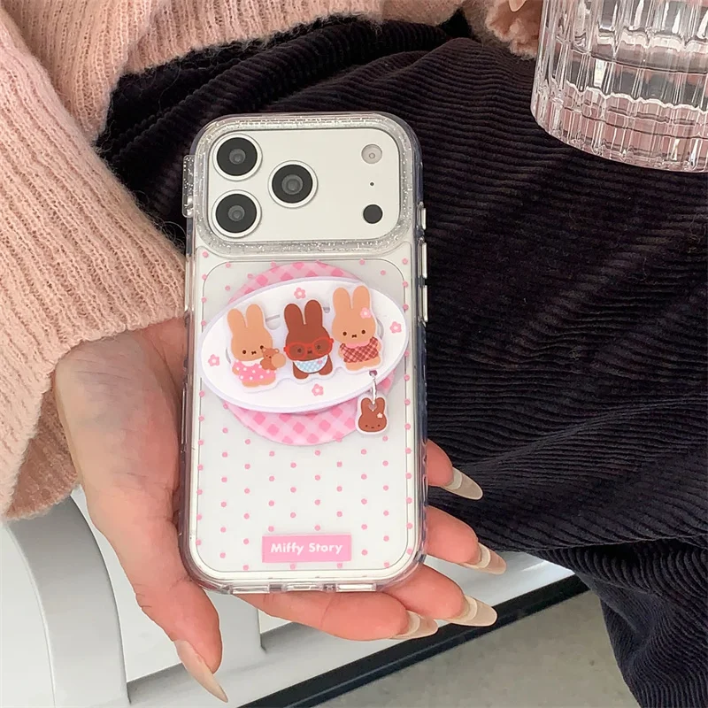 Cute Miffy Bunny Magnetic Phone Case For iPhone 17 16 15 14 Pro Max Bling Diamond Lens Pink Polka Dot Clear Shockproof Cover For