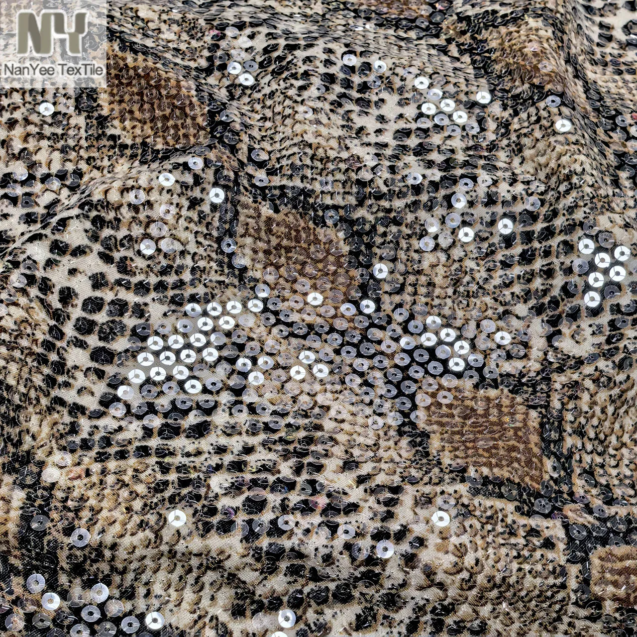 Full Cover 5MM Transparent Clear Sequins Embroidered On Polyester 4 Way Stretch Digital Printed Leopard Knitted Fabric