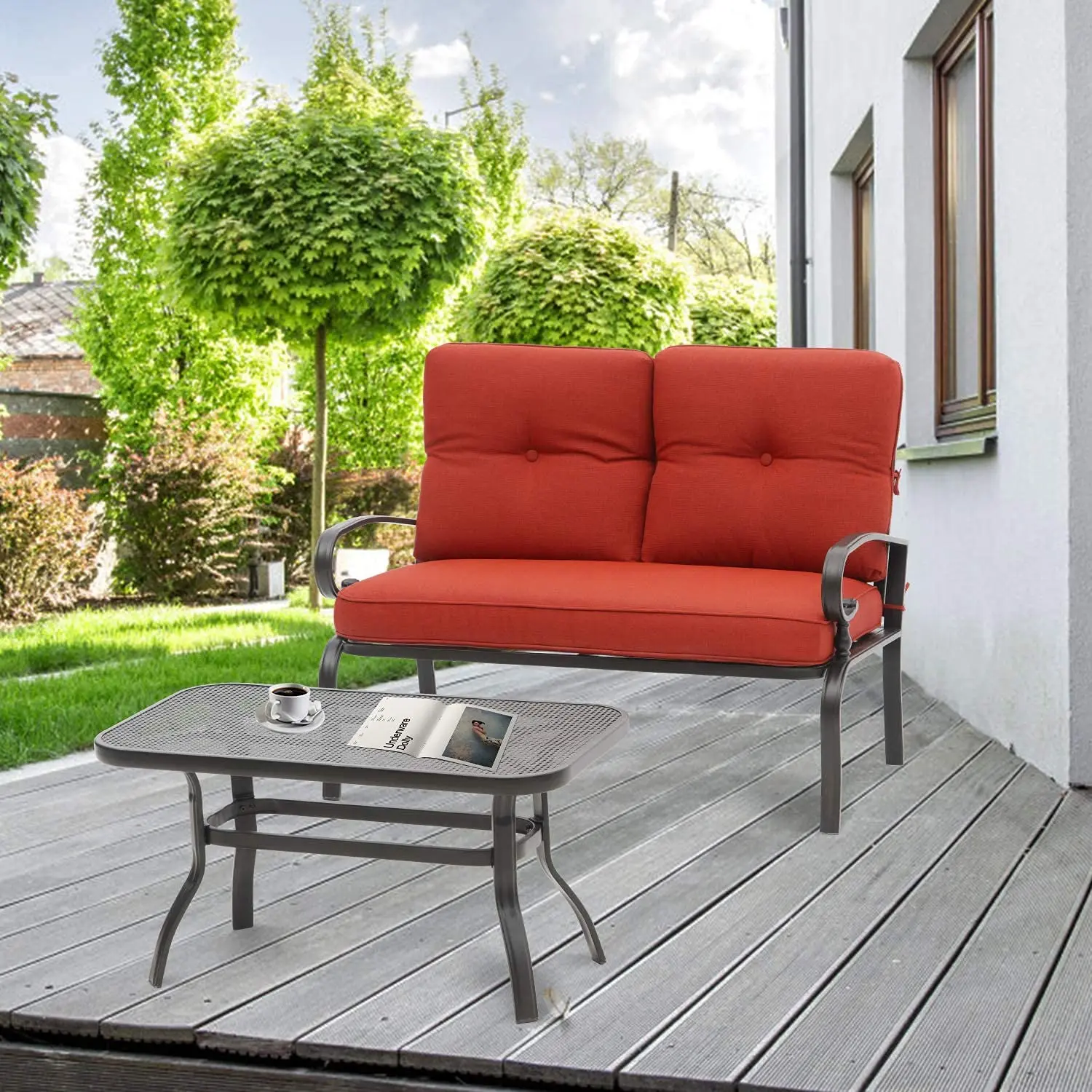 Patio Loveseat Bench Set with Bistro Coffee Table & Steel Frame Sofa Cushion, Wrought Iron Look, Lawn Garden, Customized