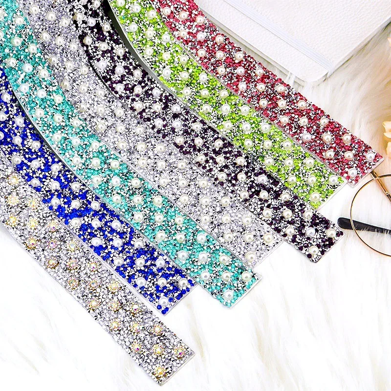 Pearl Crystal Rhinestone Trim Self Adhesive 3cm Width Colorful Stone Diamond Sewing Drill Tape DIY Bridal Dress Phone Decor