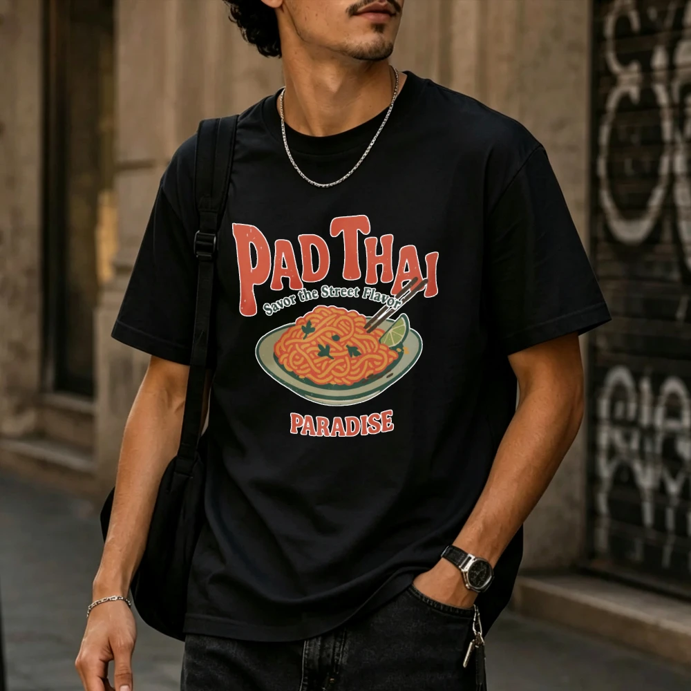 Retro Graphic Tee Pad Thai Paradise Foodie Gift Vintage Noodle Illustration Street Flavor Asian Cuisine Top Relaxed Fit Short Sl