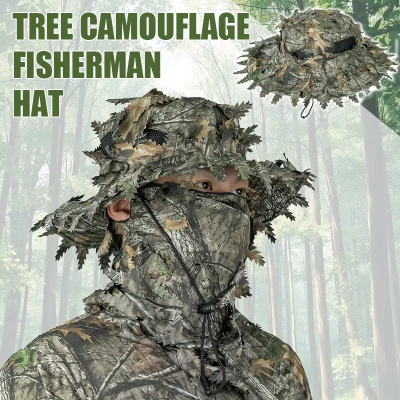 

3D Bionic Tree Leaves Hunting Bucket Hat Outdoor Wide Brim Sun Protection Cap Maple Leaf Hidden Jungle Hat for Fishing Hunting