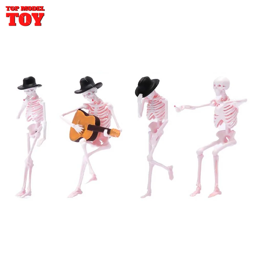 Painted Miniatures 1/64 1/87 1/43 Skeleton Smoking Playing Guitar Skull Scene Figure Unpainted Model For Cars Vehicles Toys