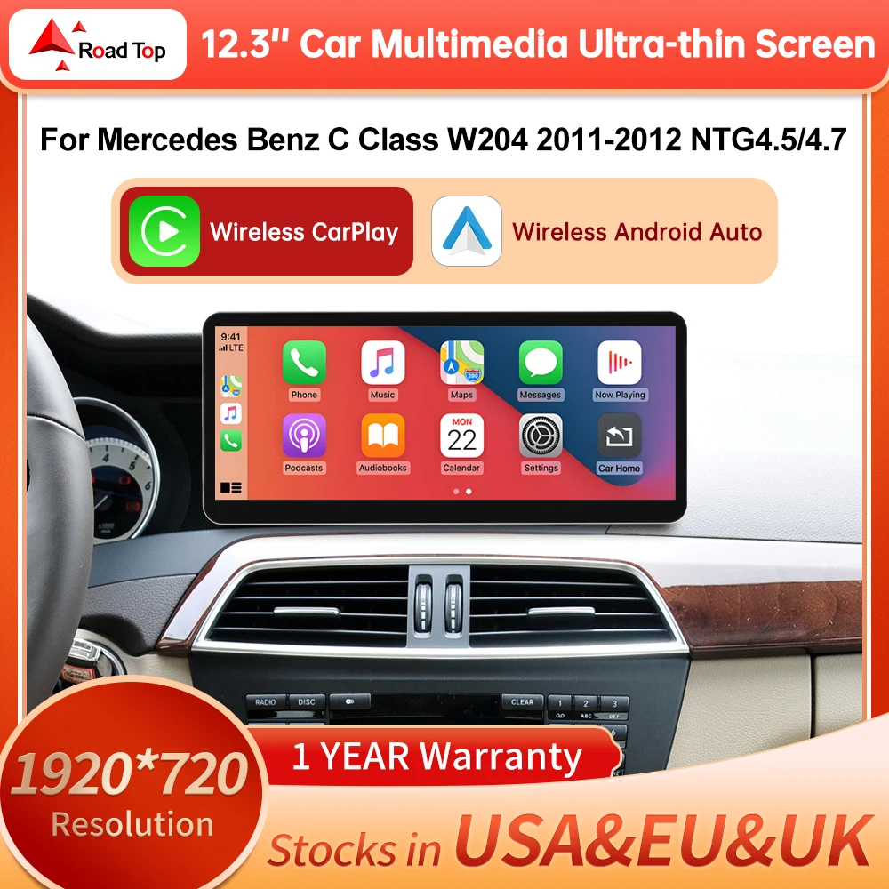 DE 12,3'' Ultra-dünner kabelloser Carplay-Touchscreen für Mercedes Benz C-Klasse W204 2011-2012 NTG4.5 Autoradio-Multimedia-Display