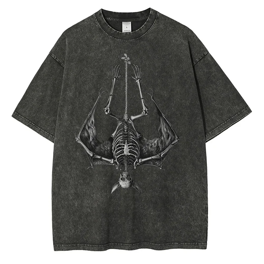 Bat Upside Down Skeleton Graphic T Shirts Heavyweight Cotton Distressed Washed T Shirt Drop Shoulder Retro Gothic Oversized Tops