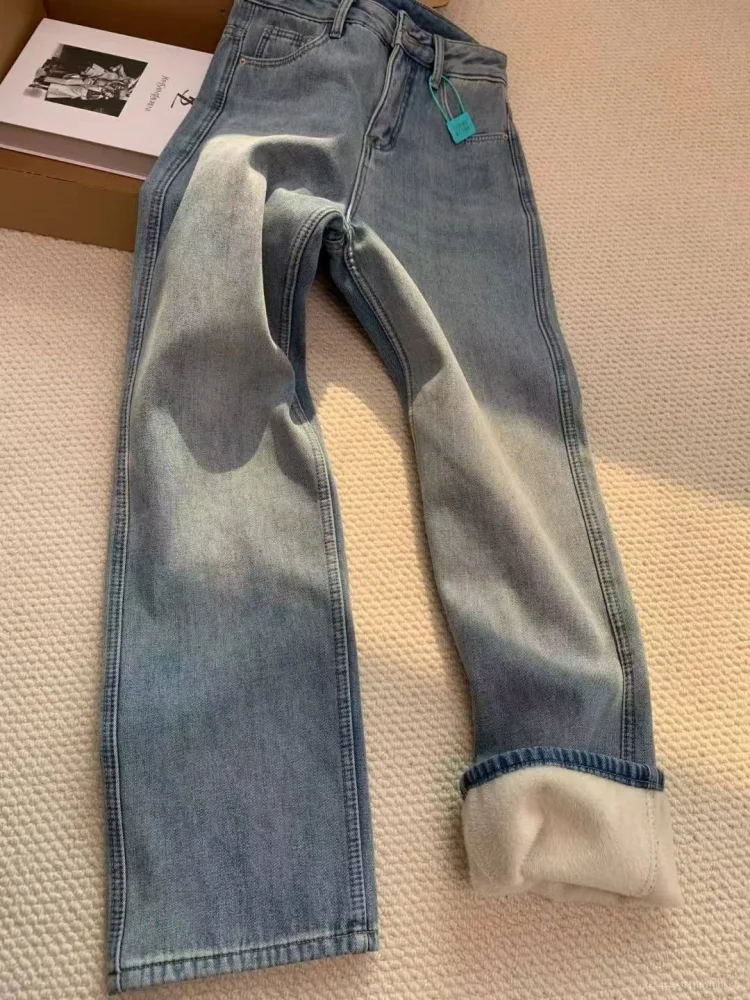 حجم كبير Fce اصطف الدينيم الجينز المرأة عالية الخصر بنطال ذو قصة أرجل واسعة Thiened فضفاضة تناسب الأمريكية خمر Sle الخريف الشتاء #1