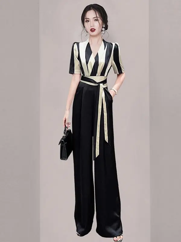 

New Summer French Striped Women's Jumpsuit High End Office Lady Slim Contrast Color Patchwork Wide Leg Pants Rompers