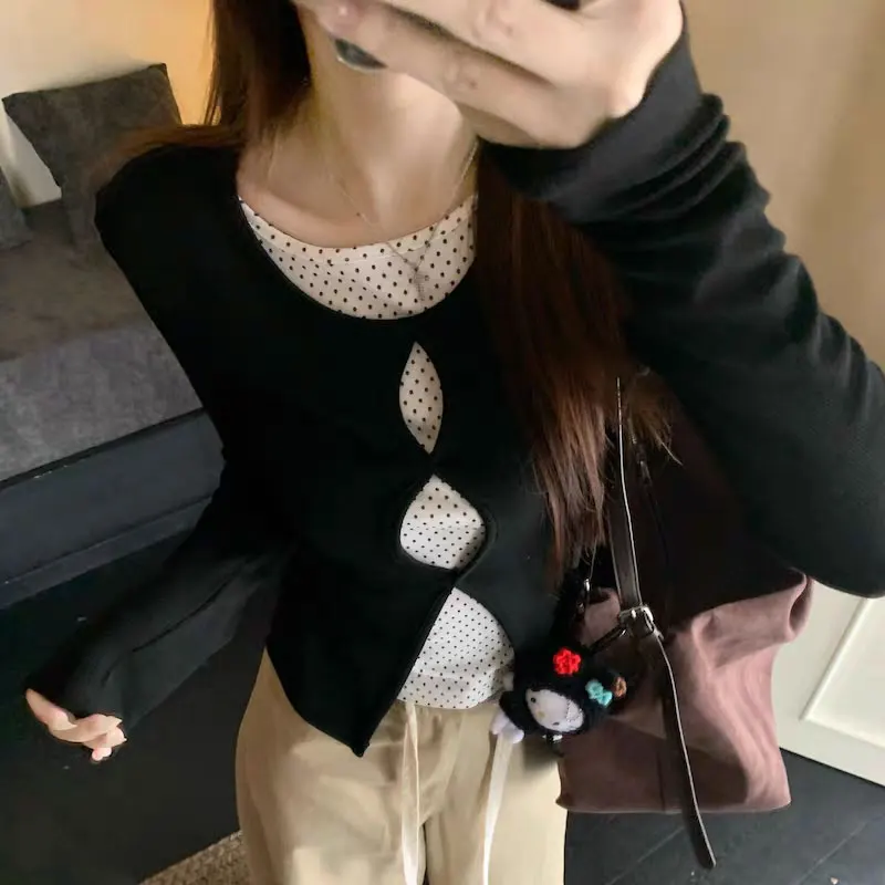 

Casual Fake Two Pieces Slim T-shirts Autumn New Polka Dot Patchwork Female Clothing Fashionable Hollow Out Long Sleeve Pullovers