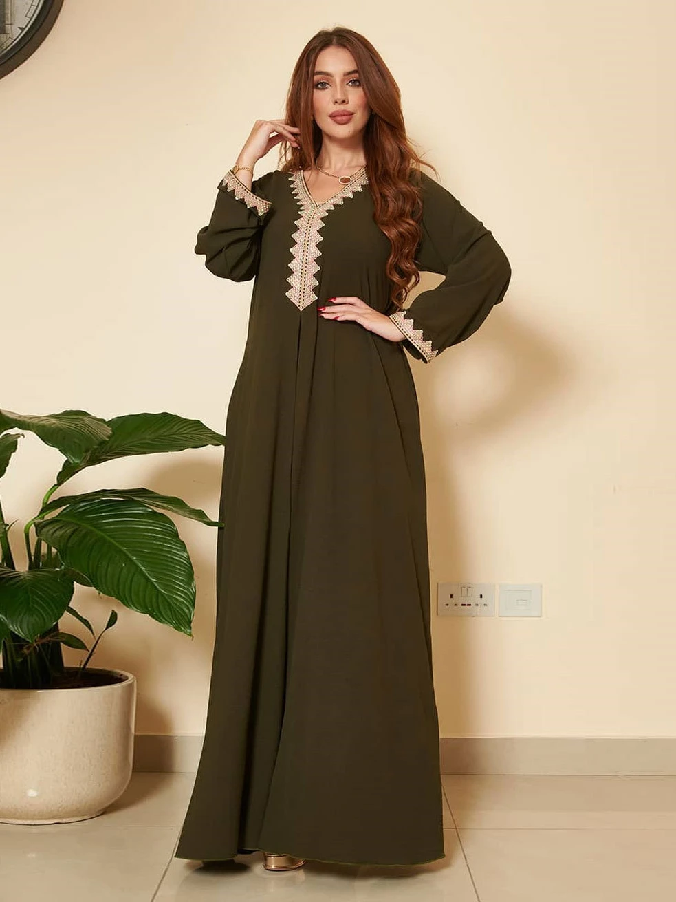 Abaya Muslim Woman Dress Elegant V-Neck Long Sleeve Maxi Party Wedding Gowns Vintage Islamic Loose Robe Kaftan One Piece Set