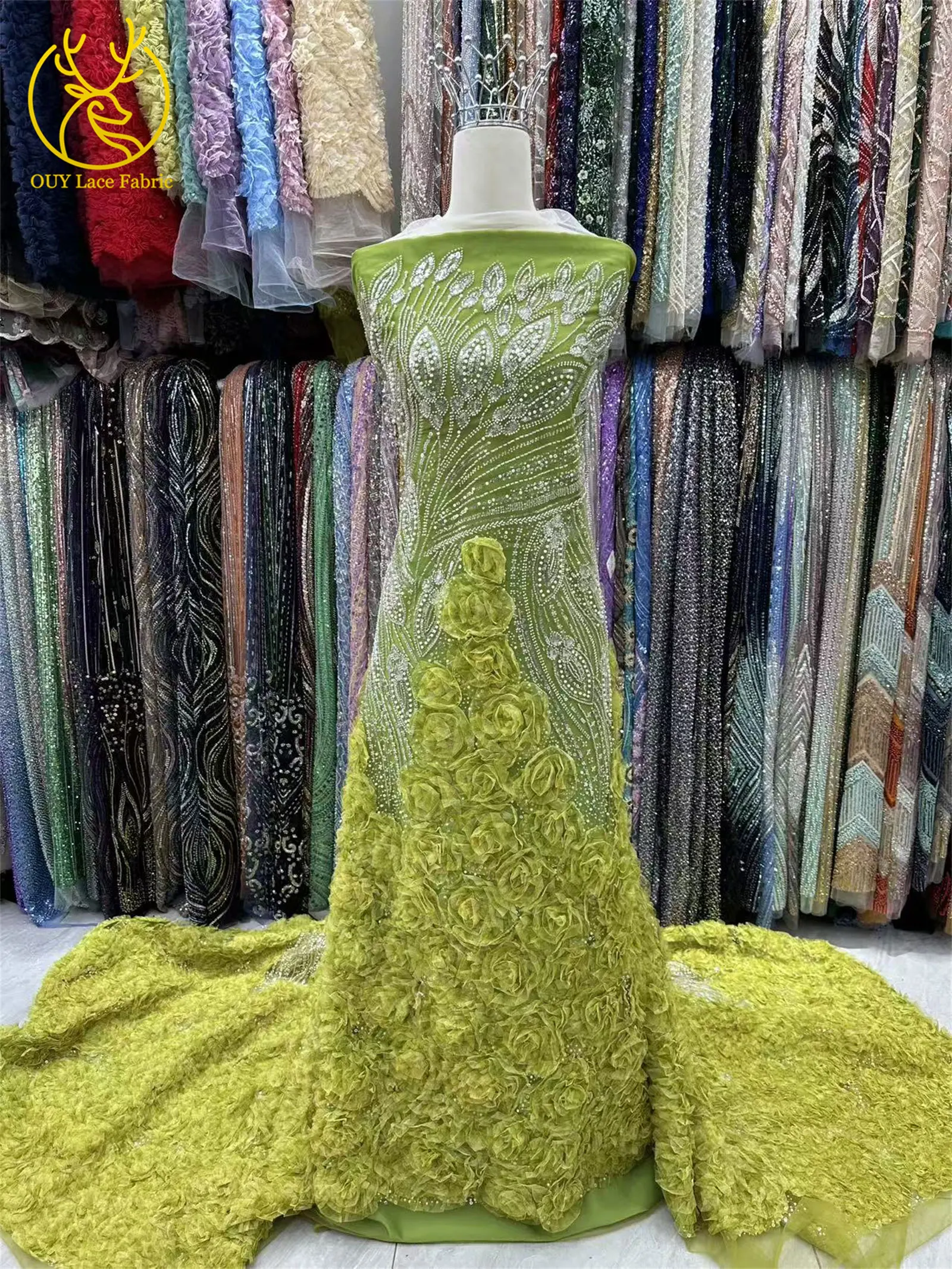 قماش دانتيل ترتر فرنسي أخضر ثلاثي الأبعاد 2026 قماش دانتيل مطرز أفريقي عالي الجودة مثالي لفساتين الحفلات وفساتين الزفاف