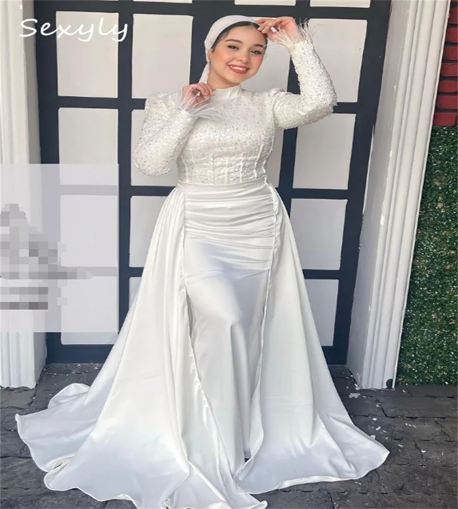 Vestidos de novia árabes de lujo con sobrefalda de tren elegante musulmán turco sirena vestido de novia con pluma de talla grande personalizado