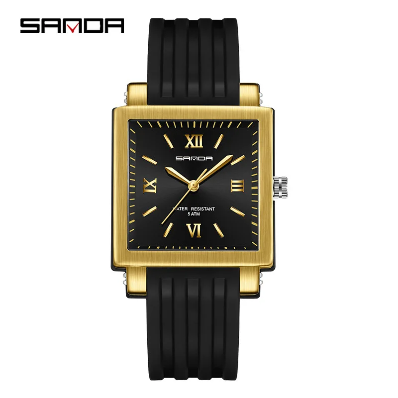 SANDA 3208 Trendy Model Soft Silicone Strap Rectangle Shape Dial Roman Number Waterproof Quartz Movement Analog Wrist Watch