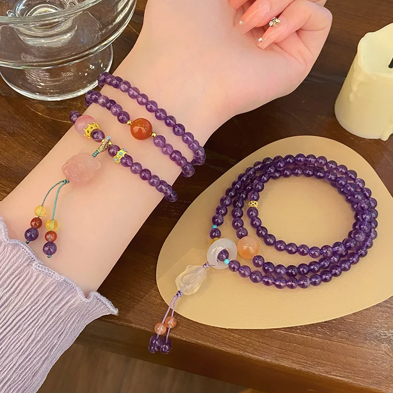 New Chinese Retro National Style Jade Hare Fox Amethyst Bracelet Female Light Luxury Minority Design Three Circles Multi-L