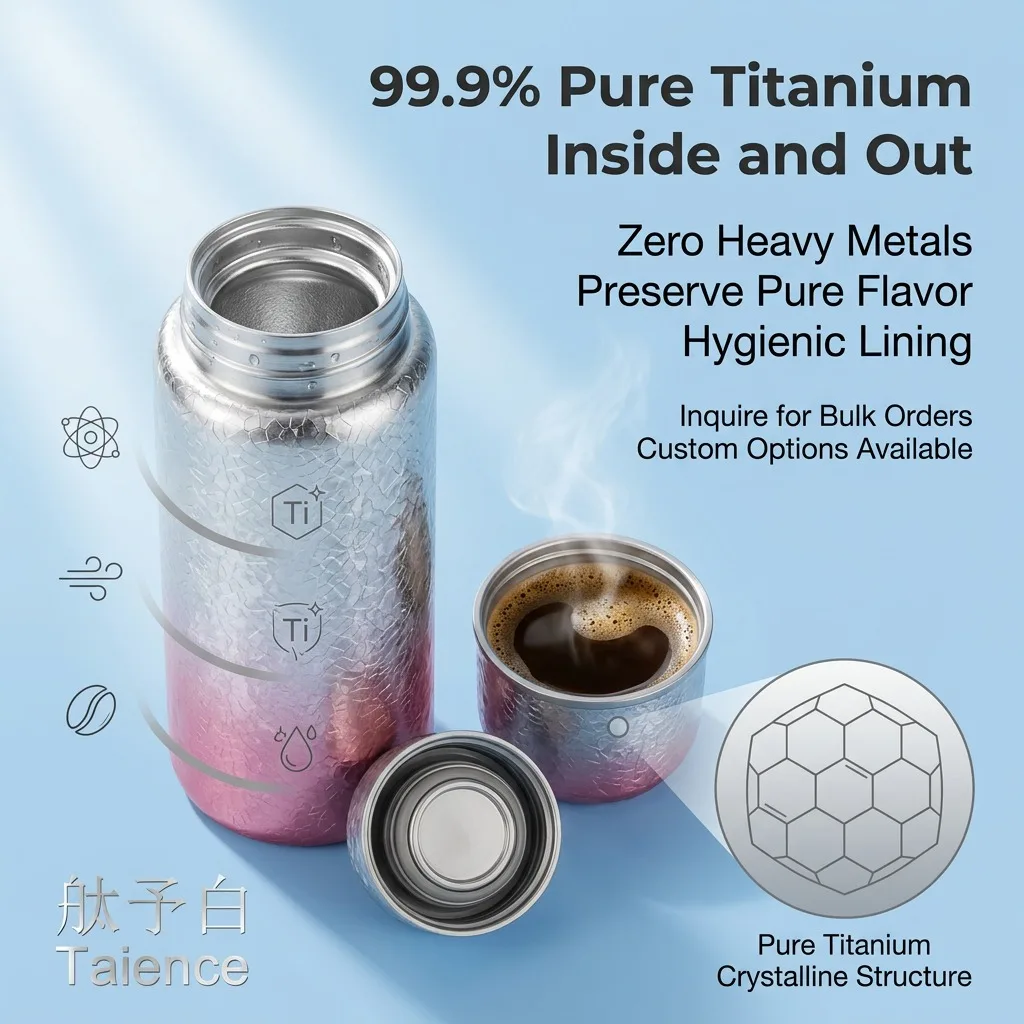 Taience Titanium Water Bottle 290ml Insulated Tumbler with Carry Strap Lightweight Leak Proof 6h Hot Cold for Travel Commute
