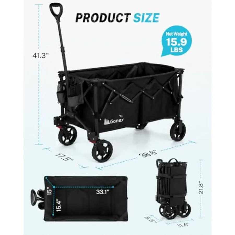 38''L Extra Long Collapsible Foldable Wagon Cart with 360lbs Weight Capacity and 220L Storage Space Detachable Wheels for Versa