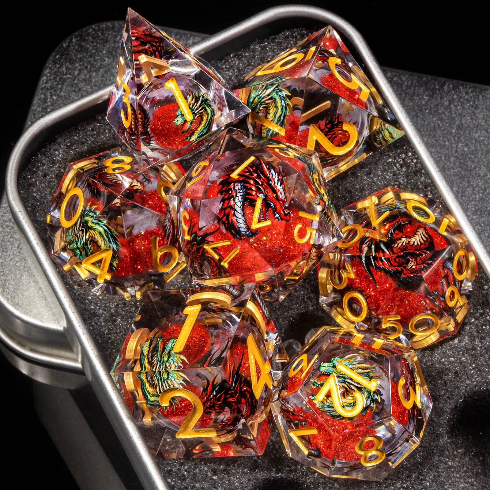 

7Pcs Dragon Pattern Liquid Quicksand Dice Set Floating Glitter Polyhedral DND RPG COC Tabletop Role Playing Game Dice