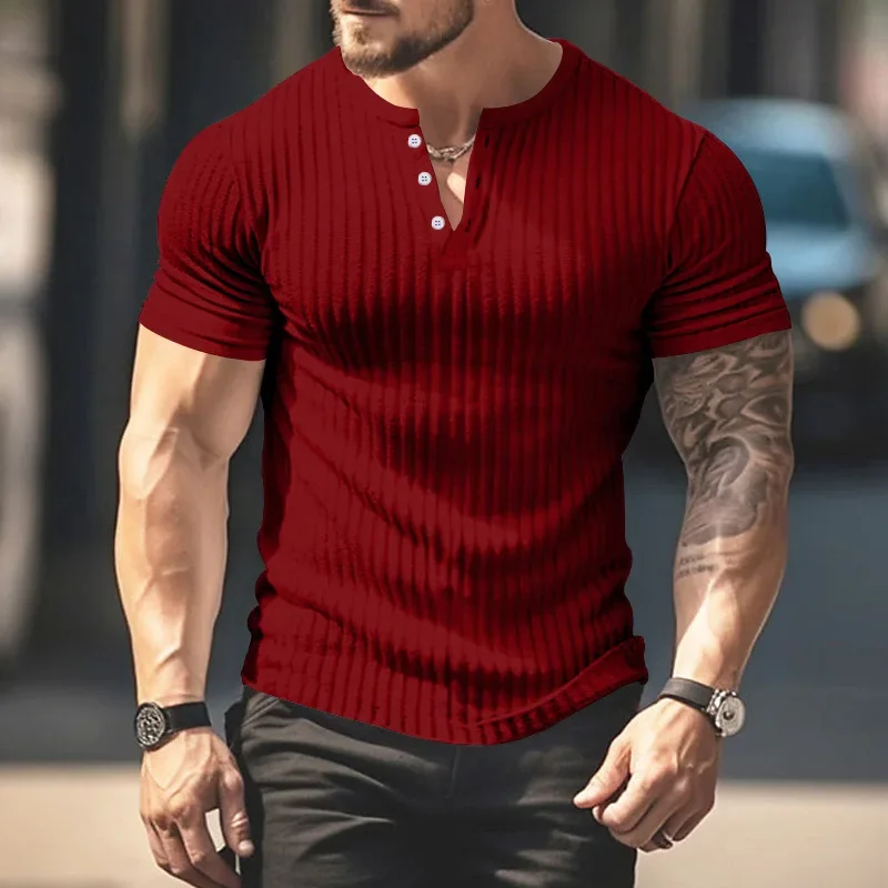 Summer  Men\'s T Shirts Solid Color V-neck Short Sleeve Knit Elastic Force Casual Men Clothing Streetwear Tee Tops S-3XL