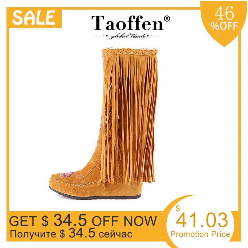 TAOFFEN Fashion Chinese Nation Style Flock Leather Women Fringe Flat Heels Long Boots Woman Tassel Knee High Boots Size 34-43