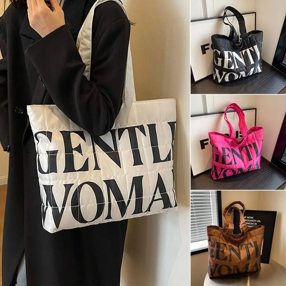 Down Cotton Padded Handbags Stylish Personality Letter Gentlewoman Quilted Tote Bags Large Capacity Commute Bags Women