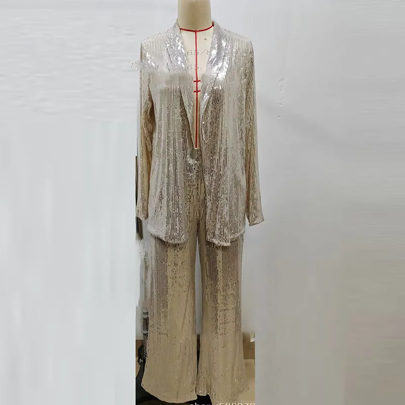 Autumn Sequin Sparkling Casual Elegant Vacation Set Y2K Sparkling Cardigan Long Sleeved Top & Wide Leg Pants Christmas Suit  New
