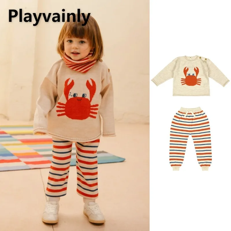 

Новые осенне-зимние детские вязаные топы с милым рисунком краба, пуловеры с круглым вырезом и длинными рукавами, свитера, одежда для мальчиков и девочек W5276