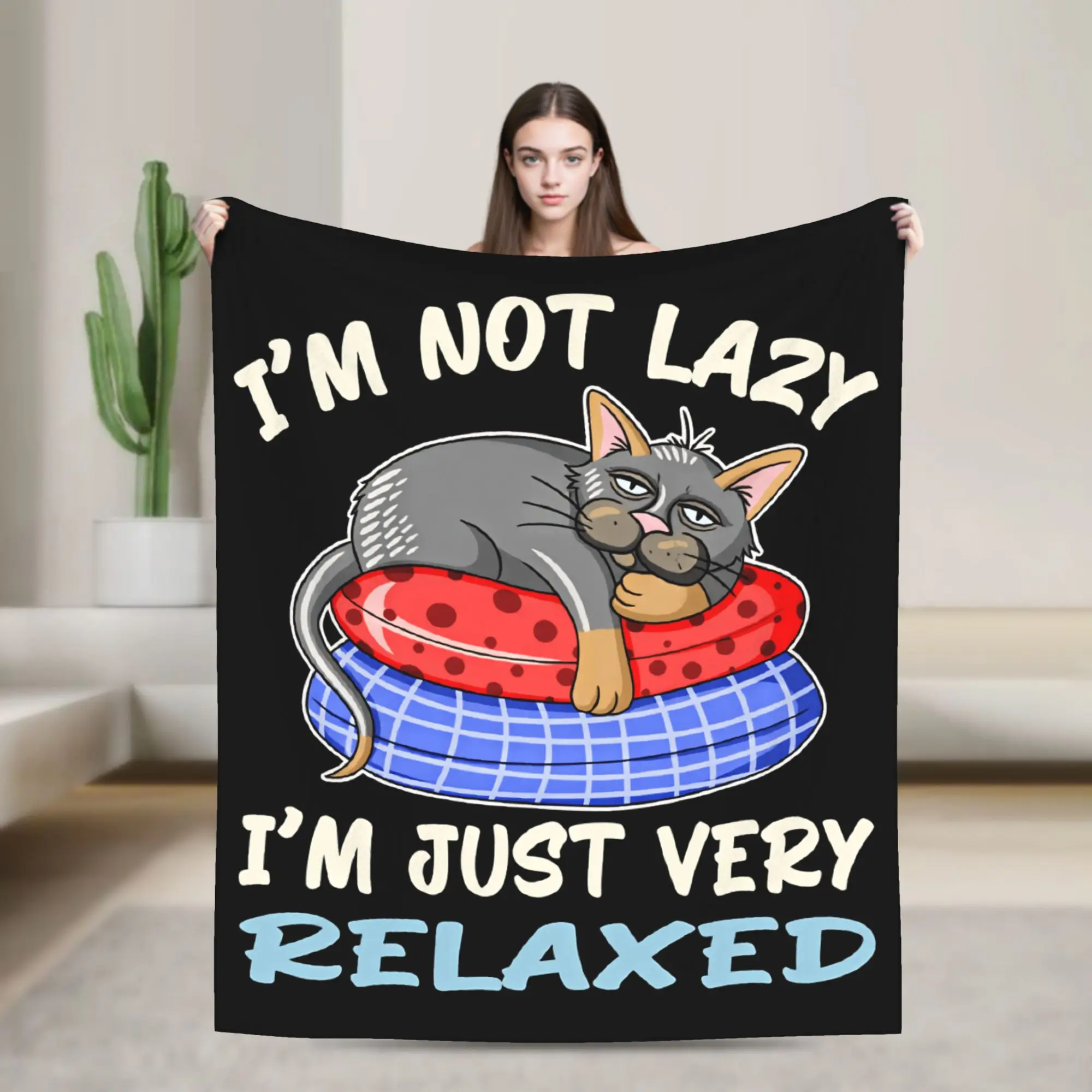 Soft Cozy Throw Blanket Picnic I'm not lazy cat funny quote Blanket  Flannel Bedspread For Outdoor Pattern Sofa Bed Cover
