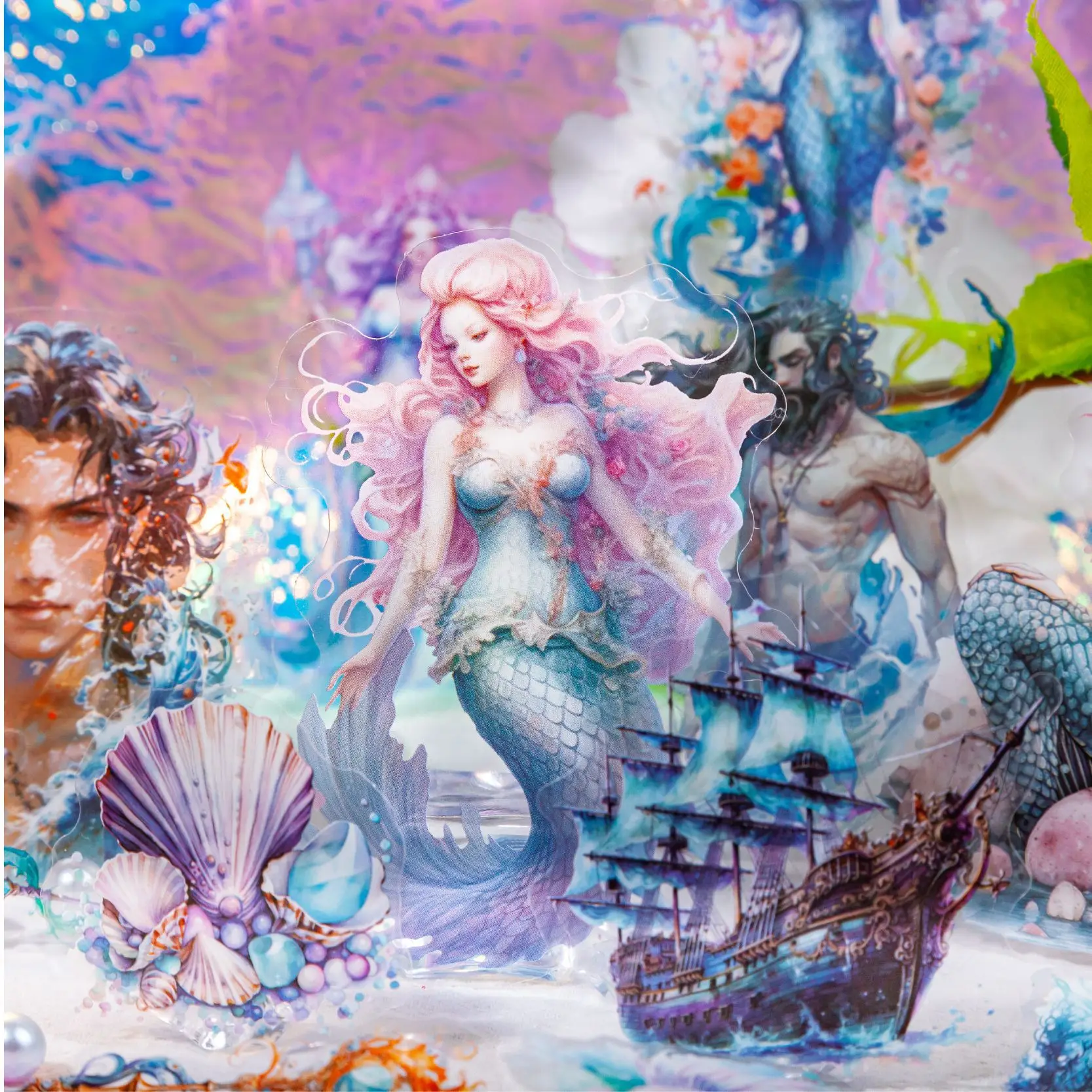 20Pcs Deep Sea Coral Mermaid Theme Stickers, Dreamy Ocean Mermaid Coral Illustration, Journal Scene Decor Stickers