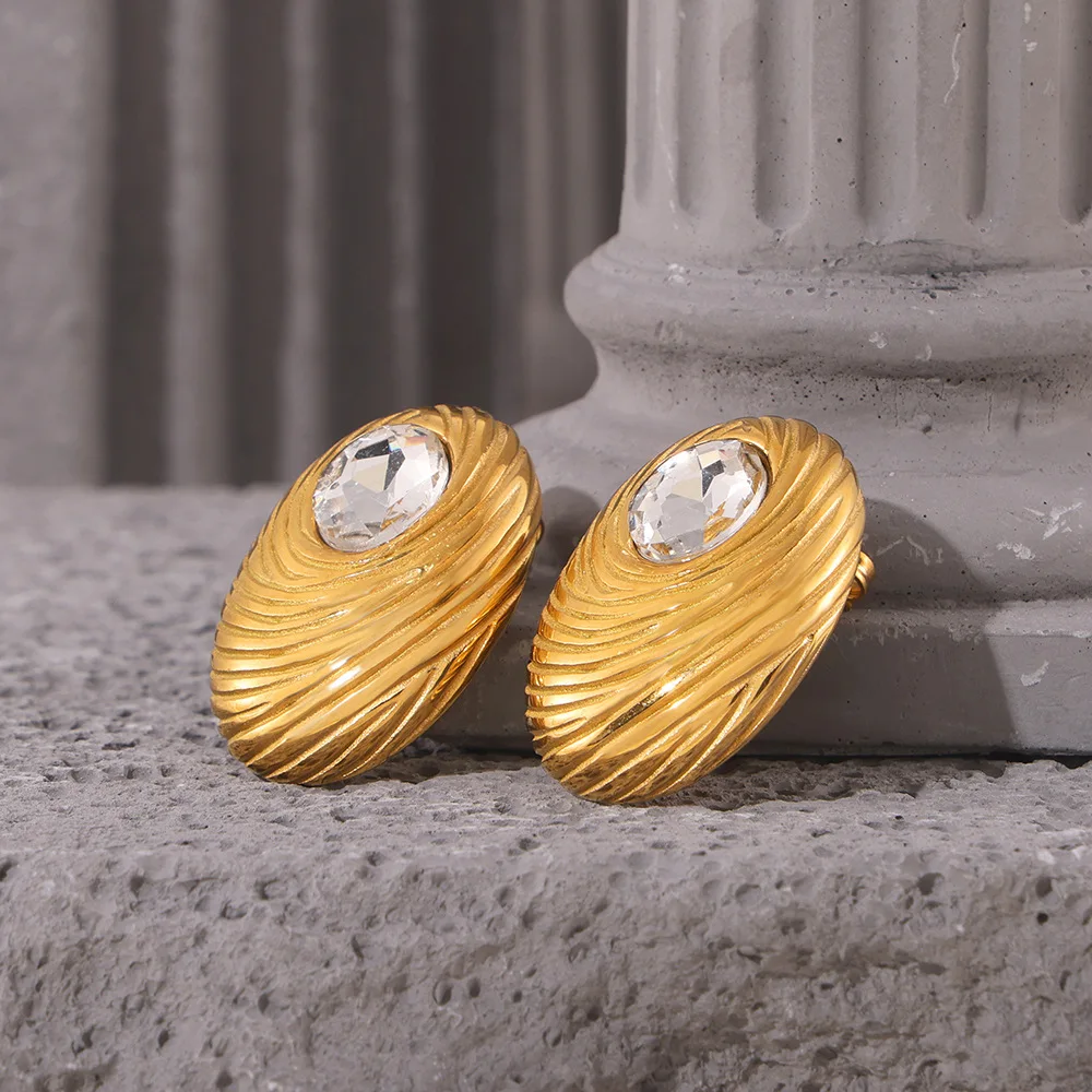 

Stainless Steel 18K Gold Plated PVD Oval Glass Stone Stud Earrings