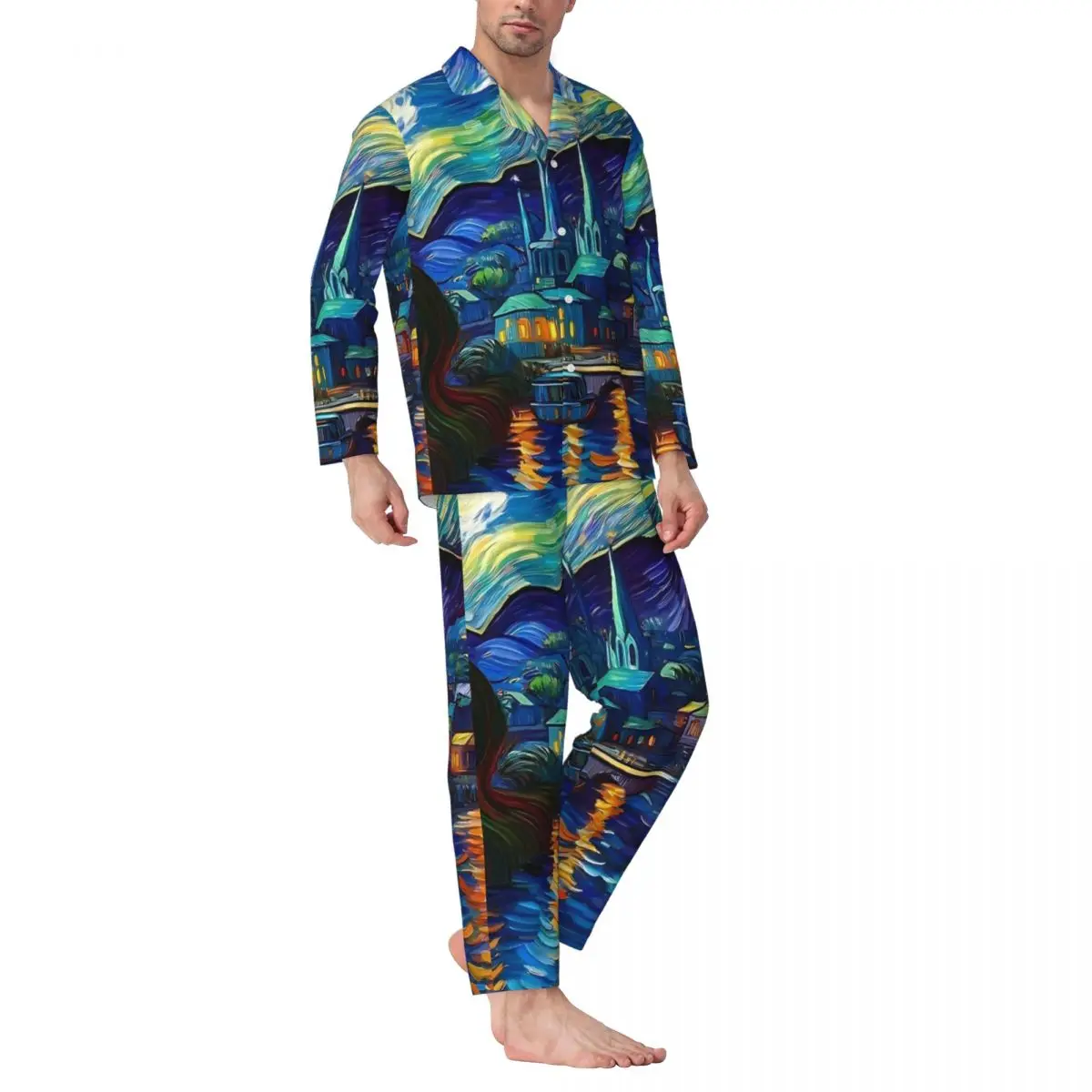 Van Gogh Inspired Starry Night Pajamas Man Romantic Sleep Nightwear Autumn 2 Pieces Retro Oversized Printed Home Suit