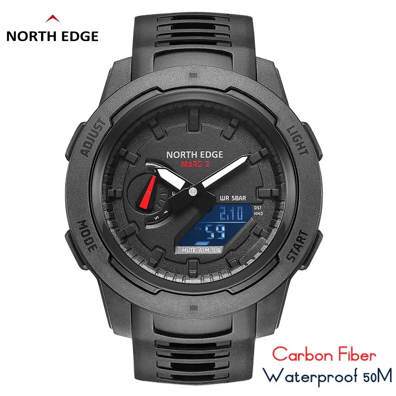 

North Edge Mars 3 Men's Military Watch Digital Carbon Fiber Case Men Waterproof 50M Sports Watches World Time LED Wristwatch