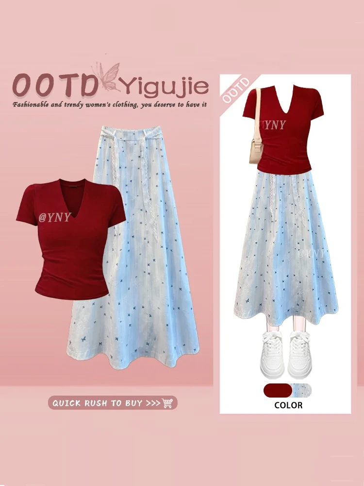

Red Vintage Korean Style V-Neck Short Sleeve T-Shirt And Floral Skirt Two-Piece Set Women's Summer Fashion Inner Wear Top