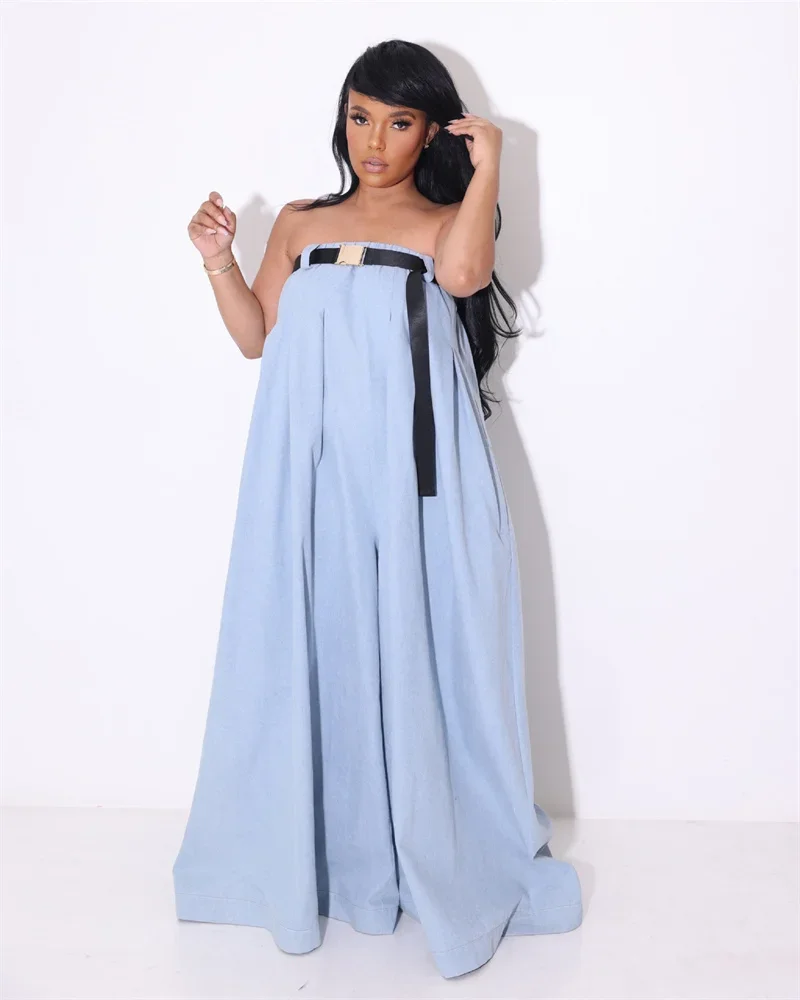 رومبير بدون حمالات للنساء ، بذلة واسعة الساق ، بنطال بالازو ، زي النادي الليلي ، وزرة فضفاضة مثيرة ، 1 تركيبة