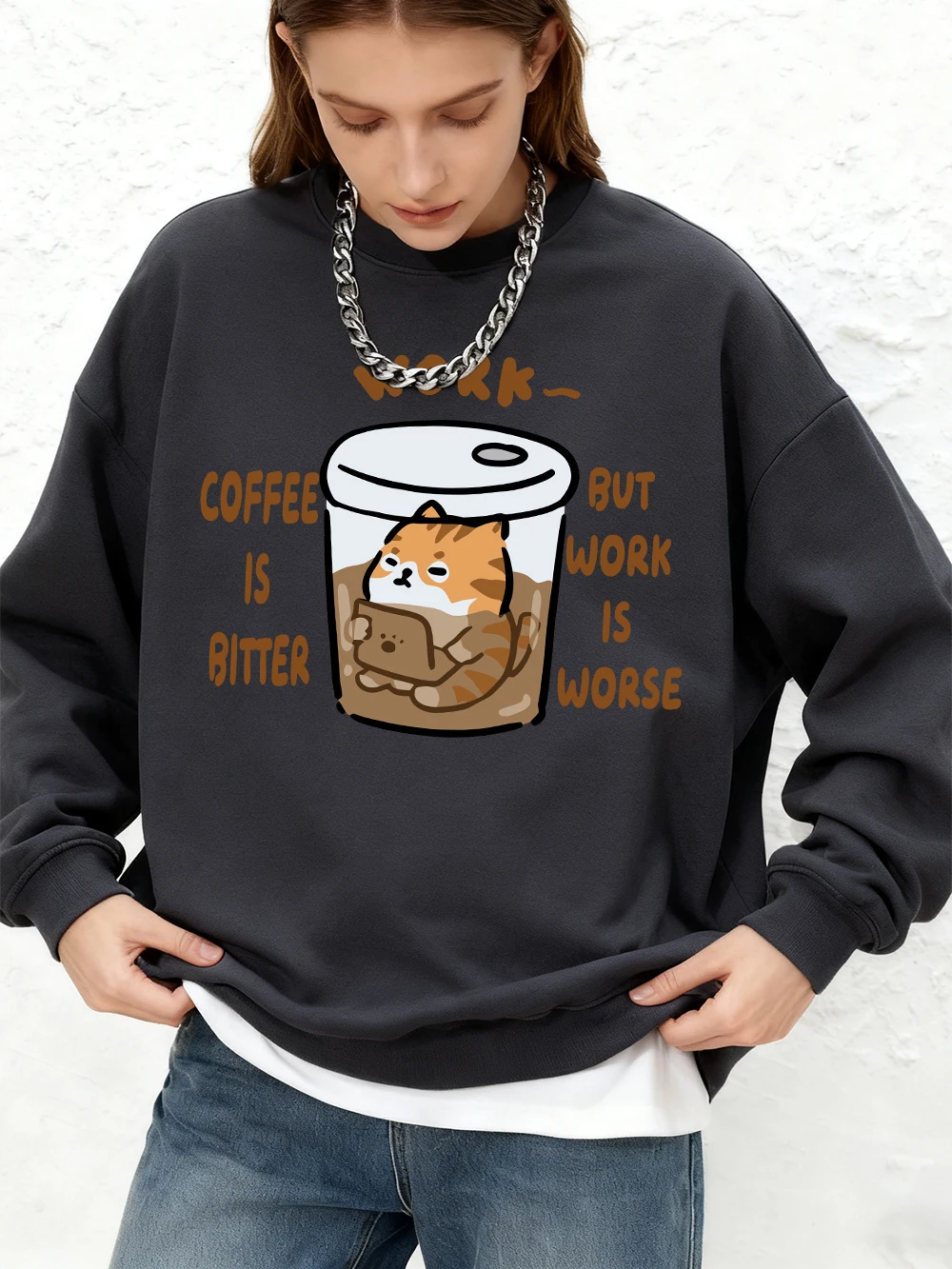 

Толстовка с капюшоном и принтом кофе, женская осенняя толстовка с круглым вырезом, большие размеры, теплые топы с длинными рукавами, базовая одежда для бега