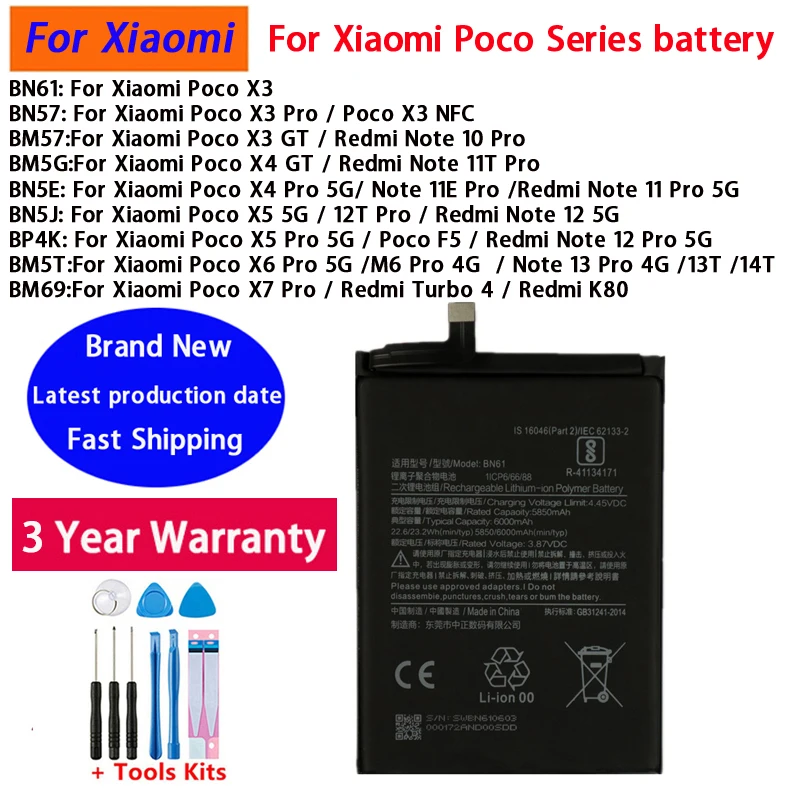 2026 Years Original BM69 BN57 BP4K BN5E BM5T For Xiaomi Poco X3 X4 X5 X6 X7/ Redmi Note 11 11E 12 13 13T 14T GT Pro 5G Battery