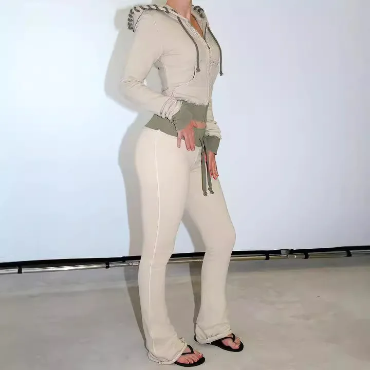 

Autumn Fashion Trendy 2 Piece Set Women Simple Solid Long Sleeve Zipper Slim Short Hooded Cardigan Coat Trousers Sets Streetwear