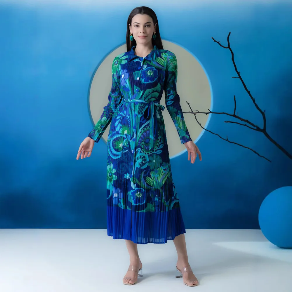 

Luxury Brand Pleated Dress New Autumn Loose Long Sleeve Shirt Dress Patchwork Printed Spring Summer Long Dresses Single-breasted