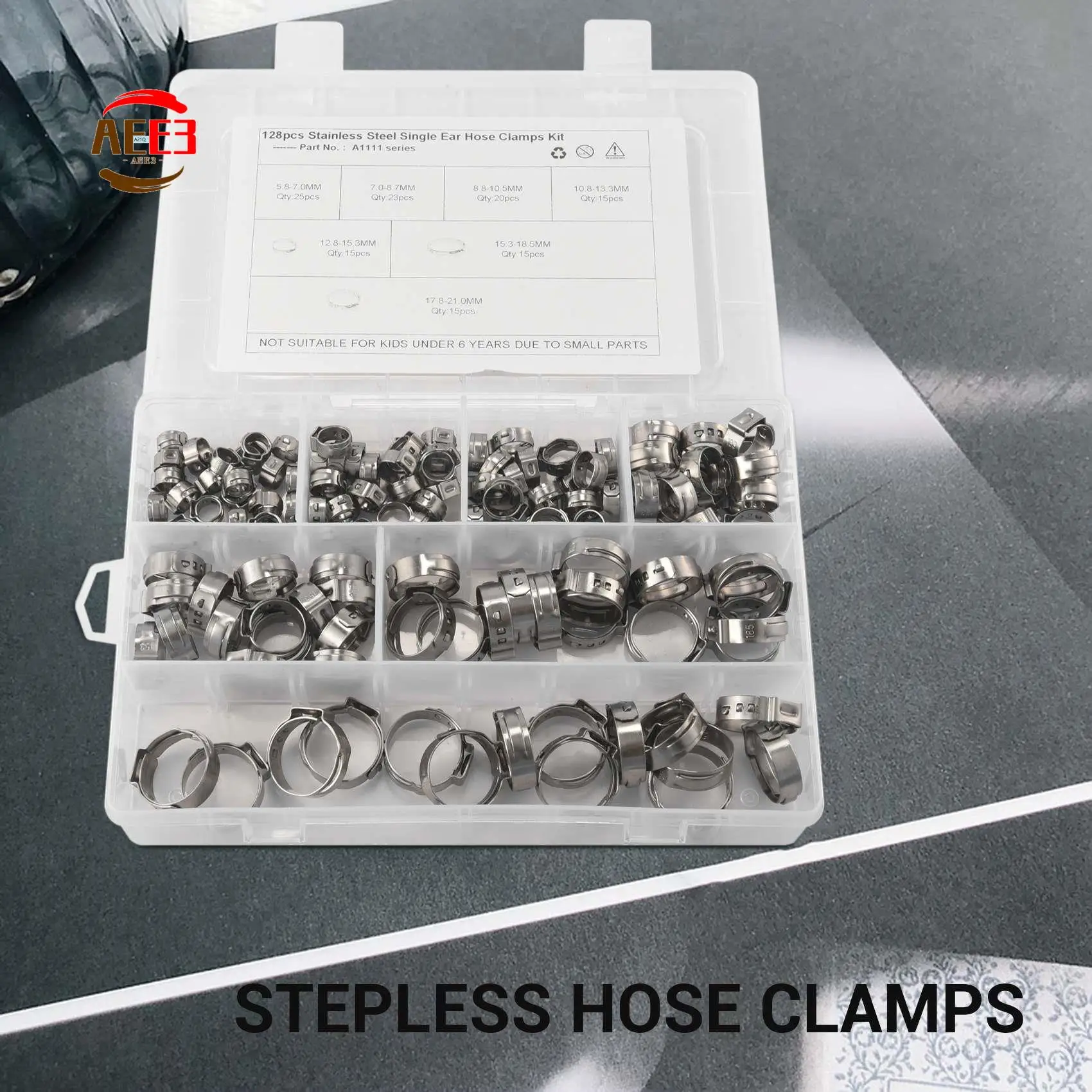 

AEE3-304 Stainless Steel Single Ear Non-Steel Hose Clamp Classification Kit, 128 Pieces