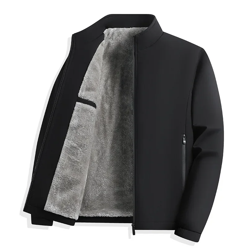 Autumn Winter Men Plush Jacket Windproof Cold-proof Stand Collar Male Coat Long Sleeve Zipper Comfortable Male Outerwear