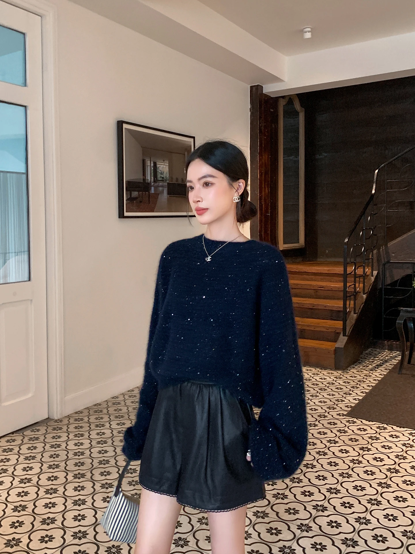 

Binguo Women's round Ne Knitwear Mixed Rabbit Fur Woolen Sweater Qing Blue Spring New Design Sensation Slim Fit Long Sve...